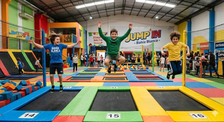 Tres niños en saltarines individuales en el parque Jump In de la ciudad de Bahía Blanca