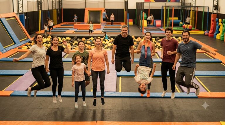 Un grupo de padres jóvenes e hijos muy alegres en un parque de saltarines.