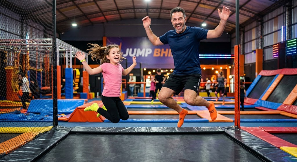 Padre e hijo saltando juntos en un trampolín. Muy divertidos