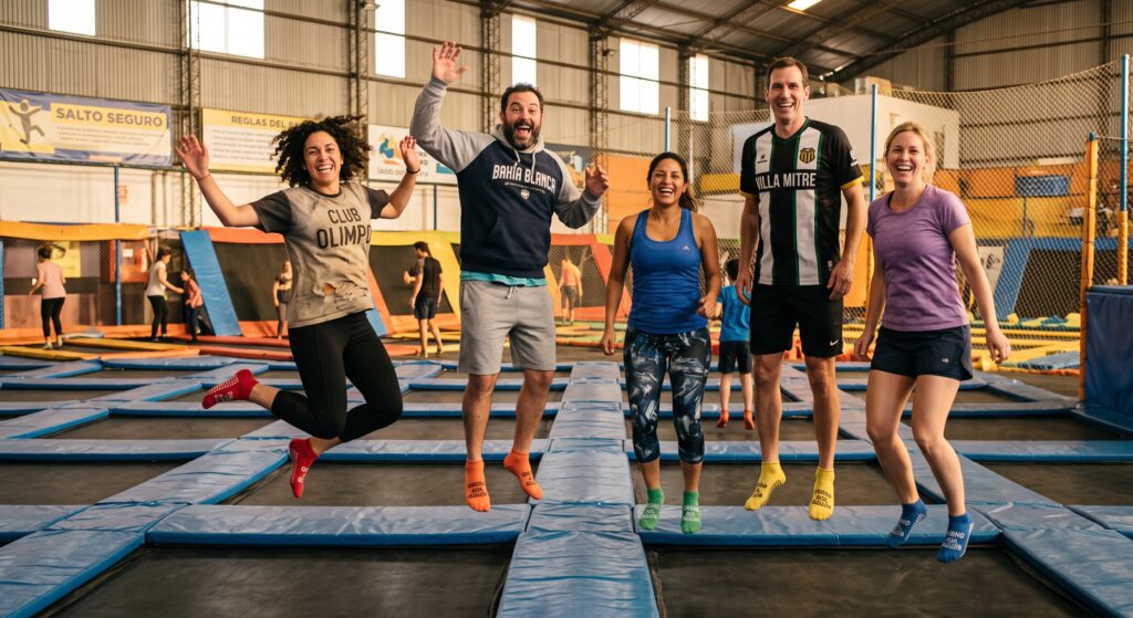 Grupo de adultos realizando actividad física en un parque de trampolines para reducir el estrés laboral en Bahía Blanca.